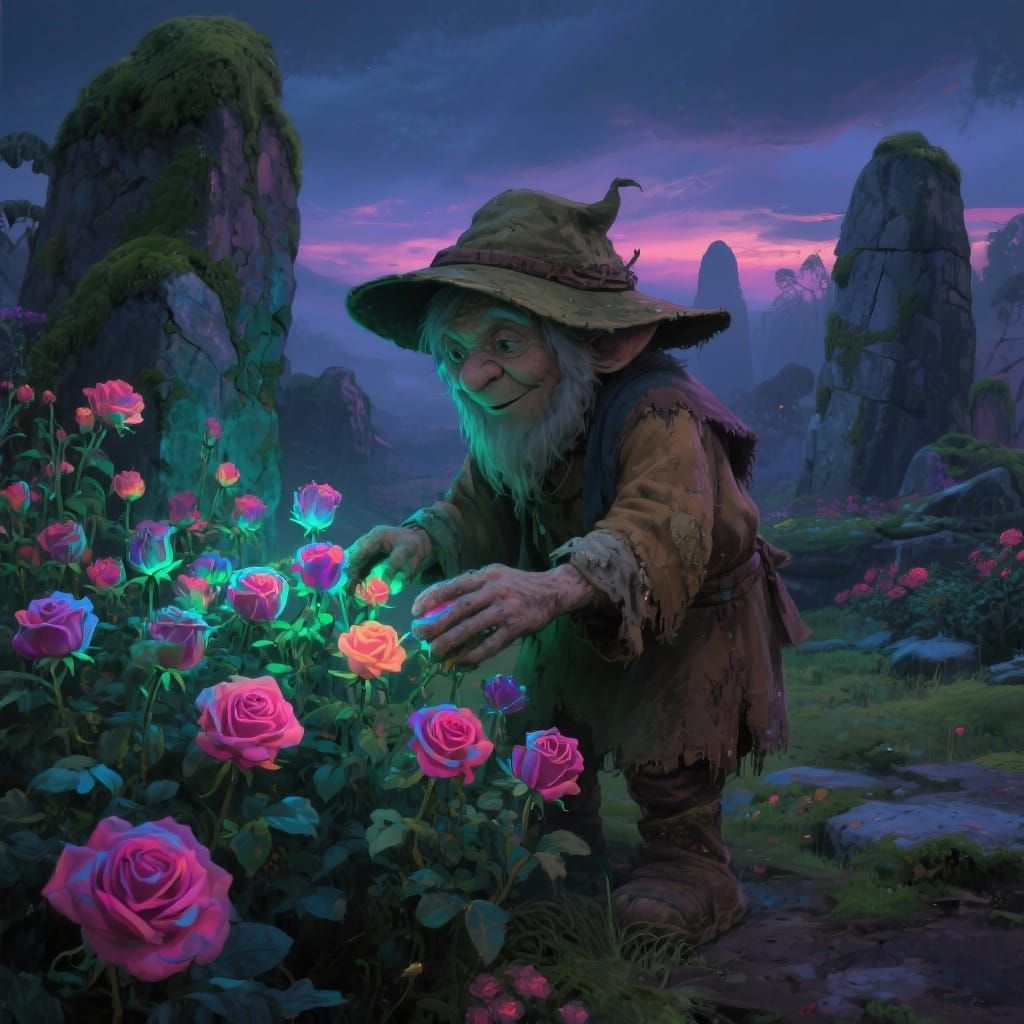 Hobbit Tends Bioluminescent Roses in Twilight Garden