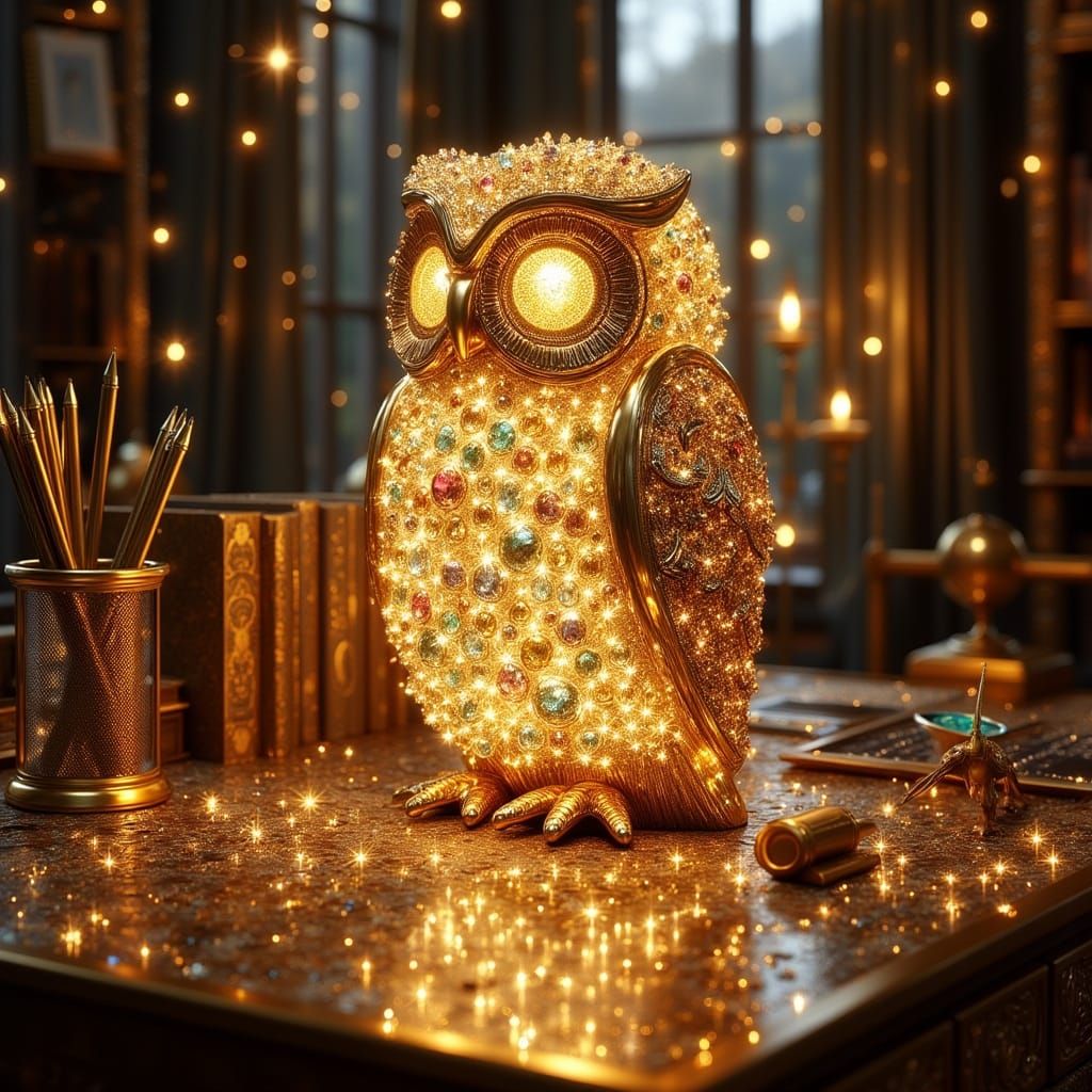 Jeweled Owl Desk Lamp Illuminates Magical Study