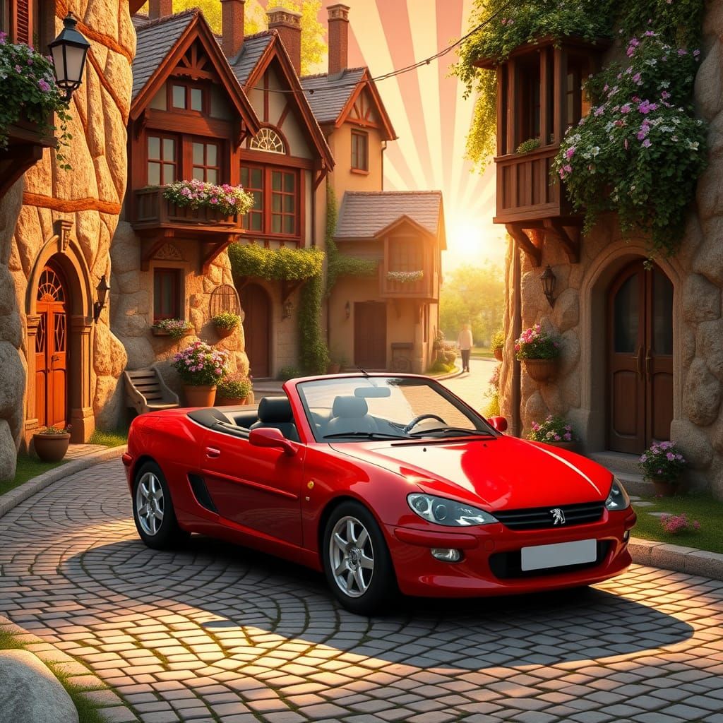 Red Convertible in Art Nouveau Village, 3D Digital Art