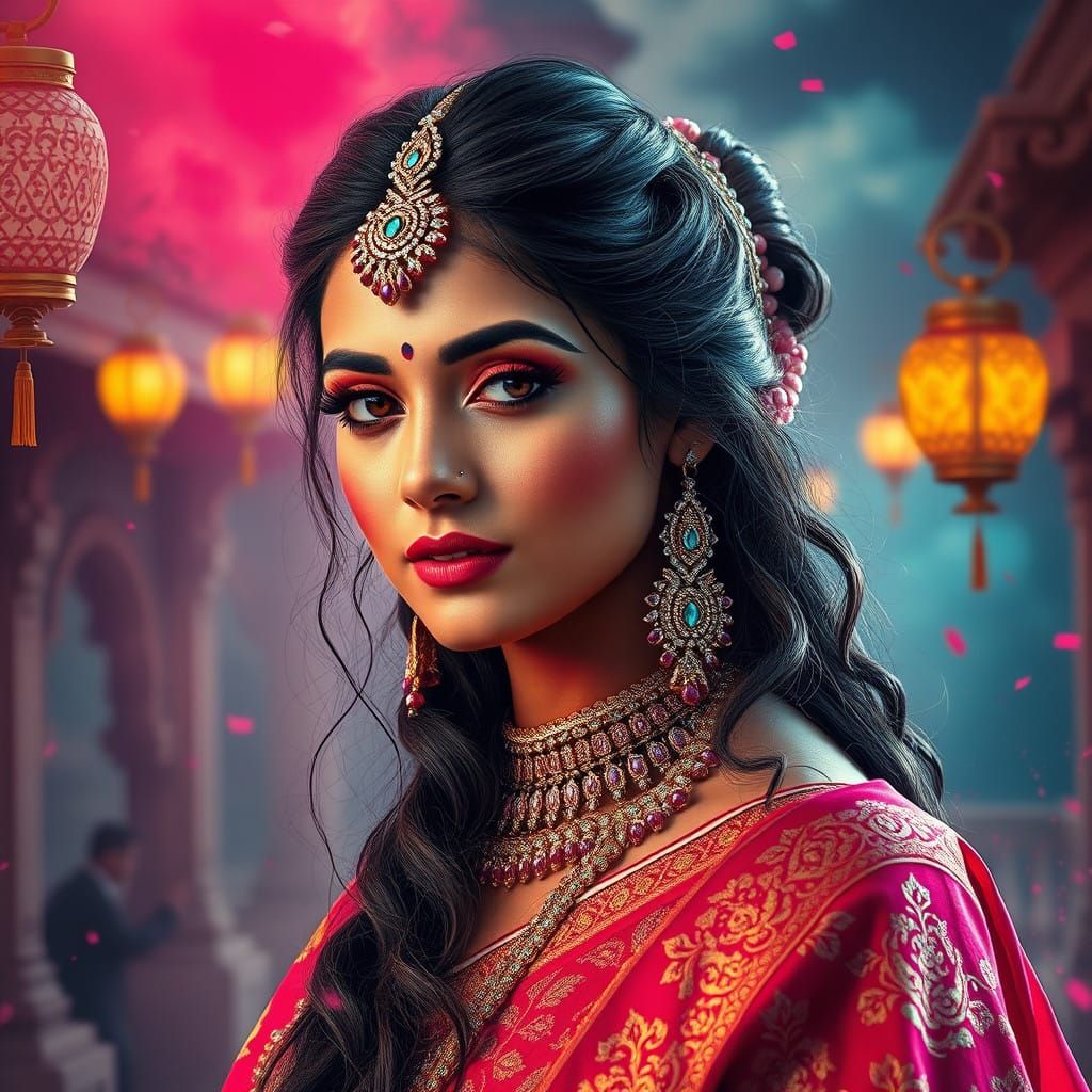 Surreal Indian Goddess Adorned with Gemstones in Whimsical F...