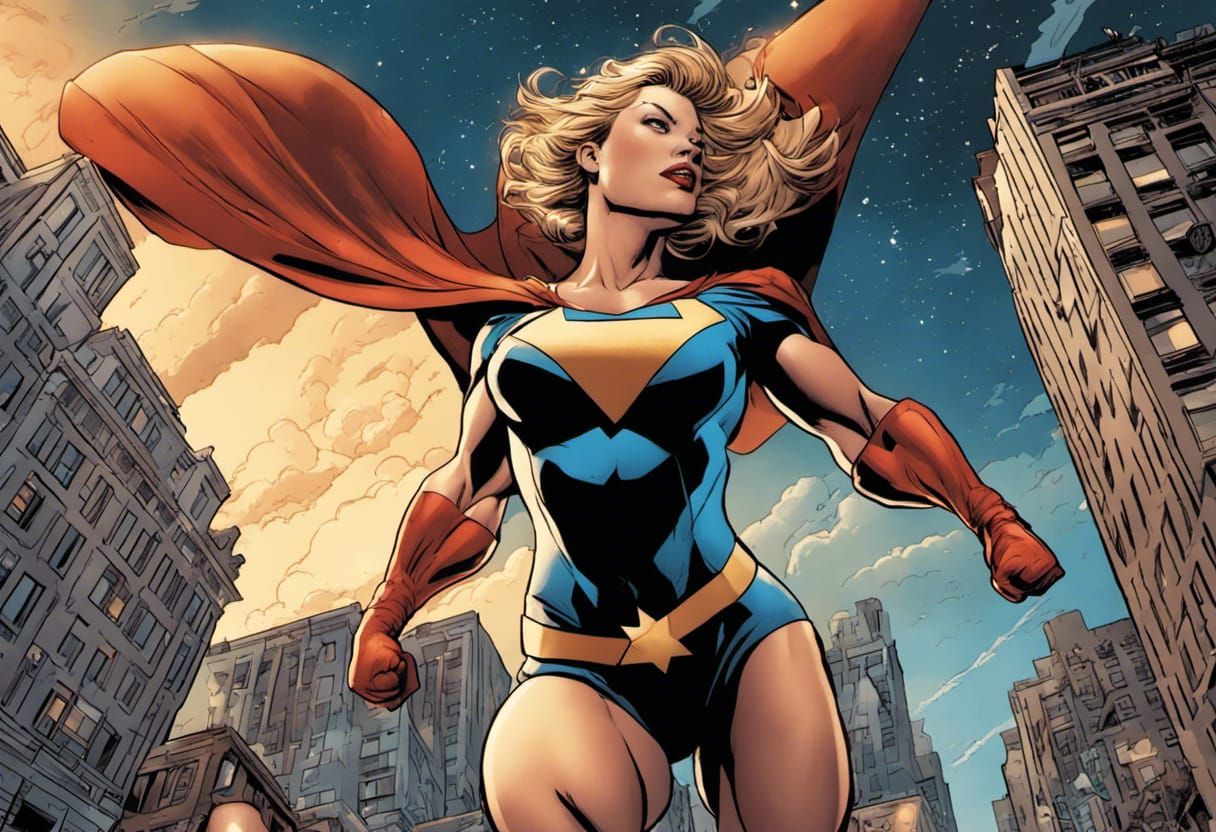 Female Superhero Lifts Bus, Comic Book Art