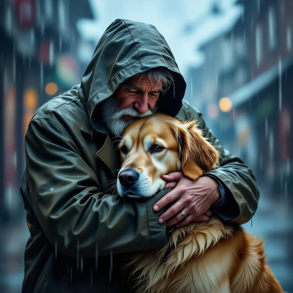 Man and Dog Embrace in Rainy Digital Illustration