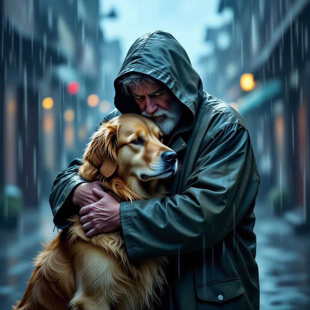 Heartwarming Embrace: Old Man and Dog in Storm