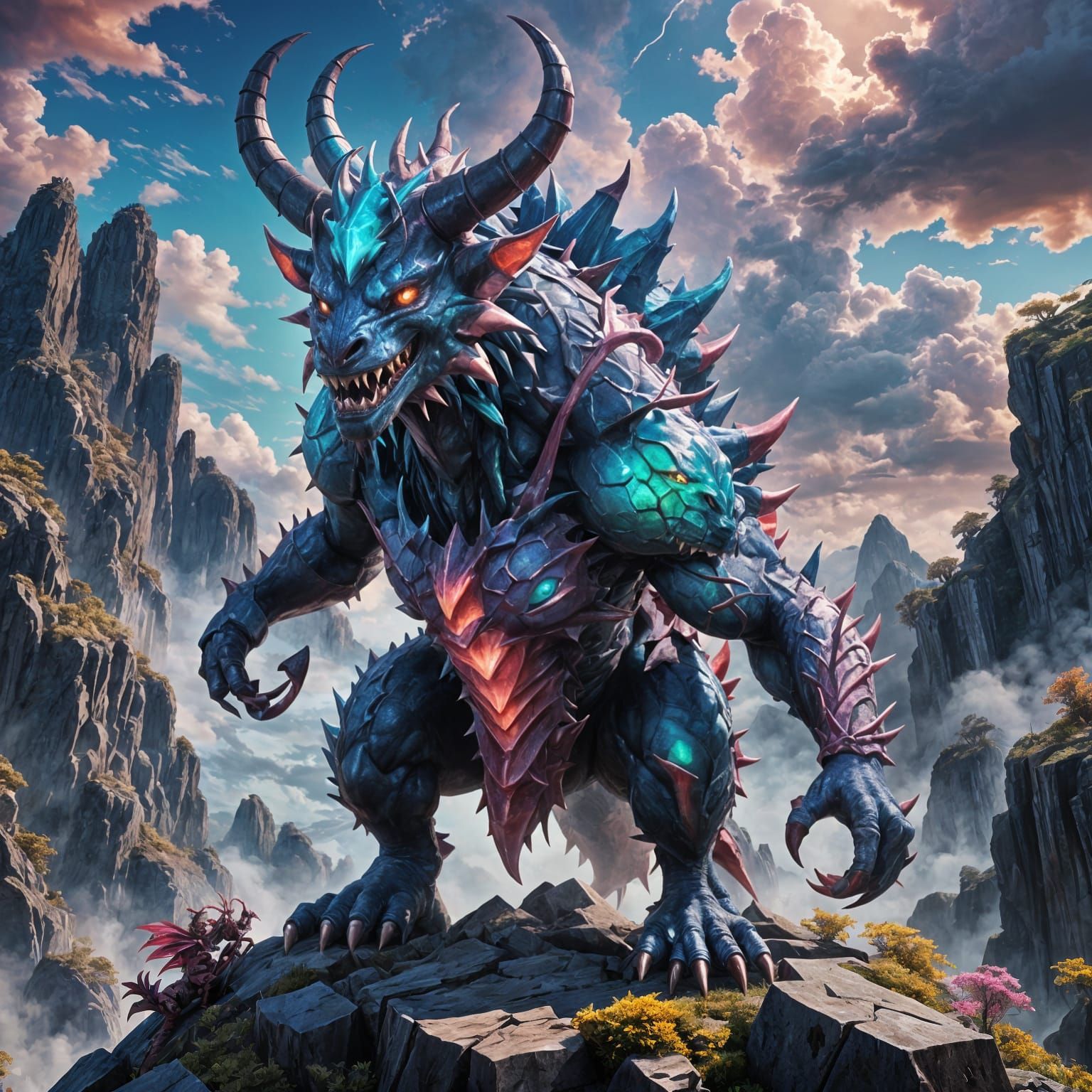Vibrant Horned Fantasy Monster in 3D Anime Art
