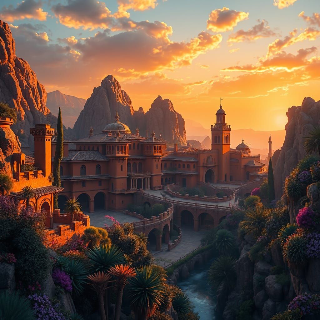 Golden Spanish Fantasy Realm with Intricate Architecture