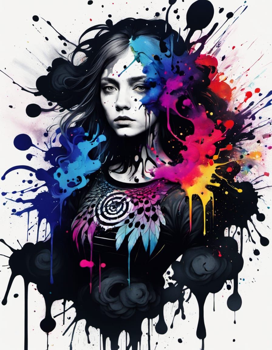 Surreal Seraph in Ink Splatter Style