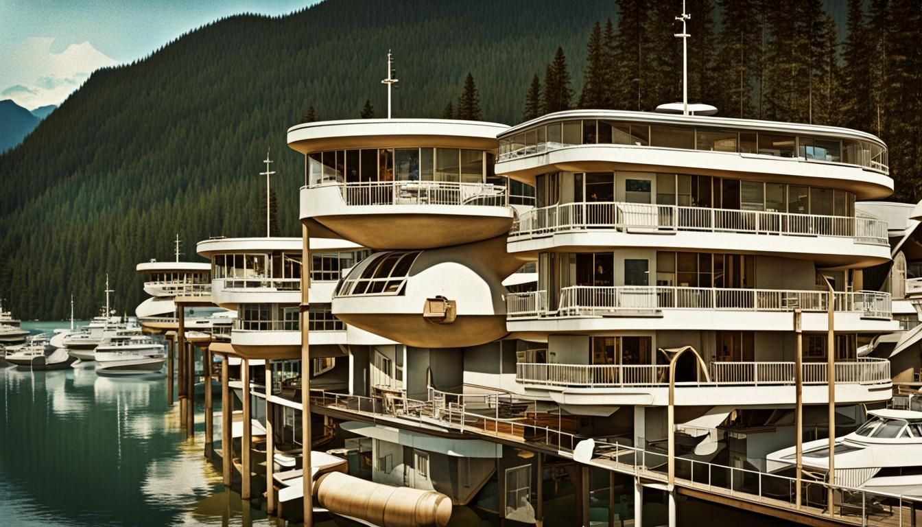 atomic space age, beautiful tall atomic space age apartments, utopia, futuristic, Juneau Alaska, docks, boats