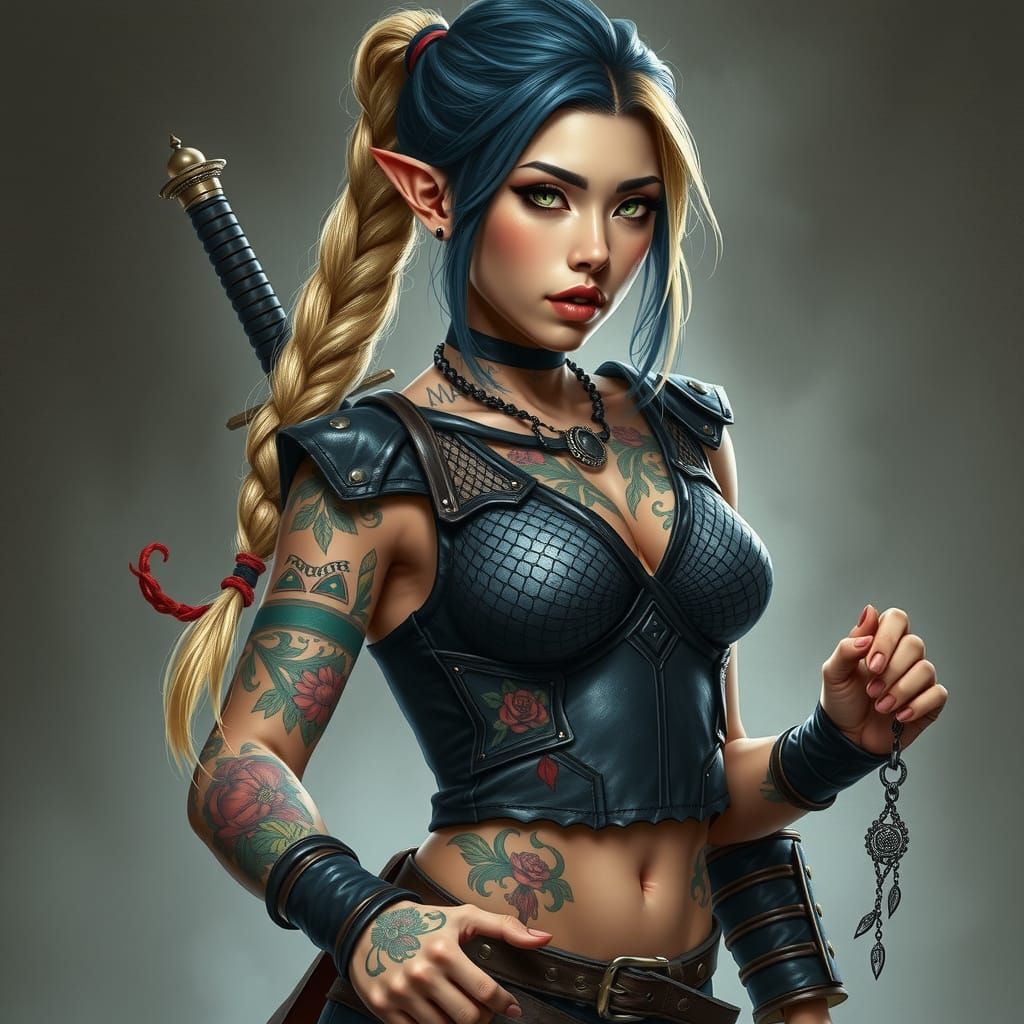 Asian Elf Warrior Woman in Ethereal Fantasy Charcoal Art