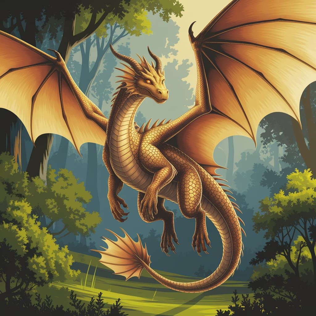 Golden Dragon Soaring Through Enchanted Forest