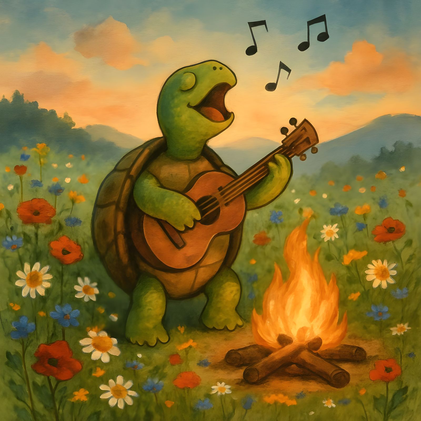 Singing Turtle's Campfire Serenade in Wildflower Meadow
