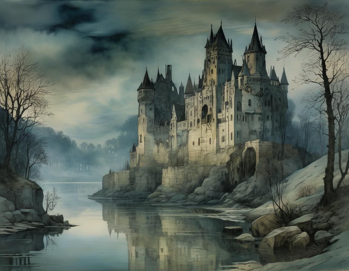 Misty Castle Ruins in Arthur Rackham Style