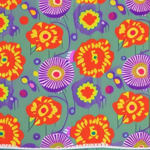 Flower power fabric design, vibrant colours half drop repeat patterning 1970, ogee