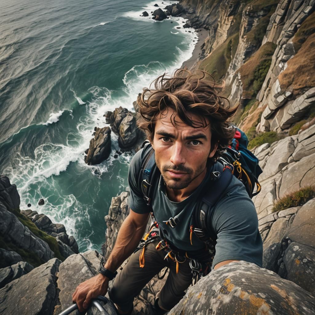 Rock Climber Selfie on Ocean Cliff: Cinematic Film Still