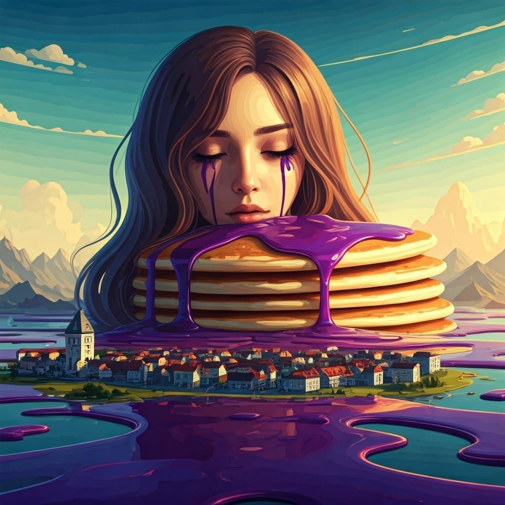 Gigantic Woman Engulfed by Pancake, Surreal Landscape