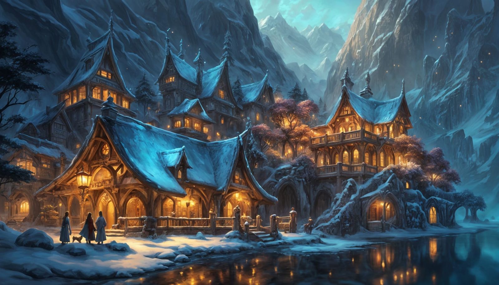Elven Village by Snowy Fjord in Vibrant Oil Painting Style