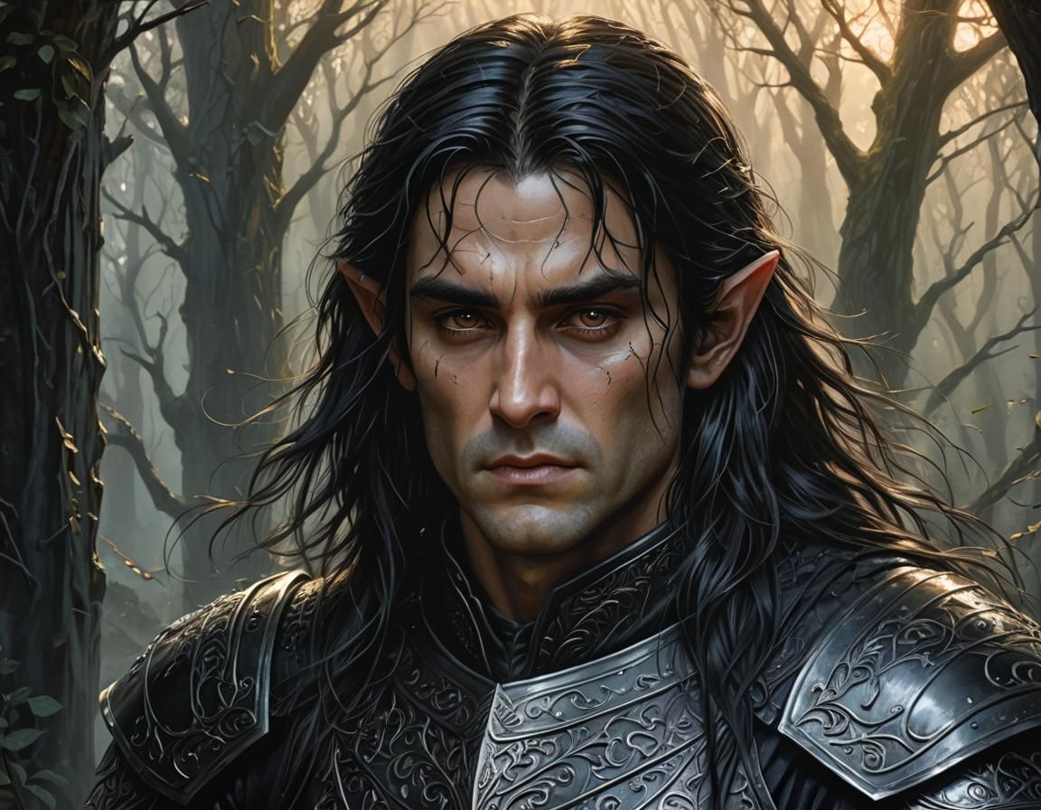 Dark Elf in Misty Forest, Fantasy Art