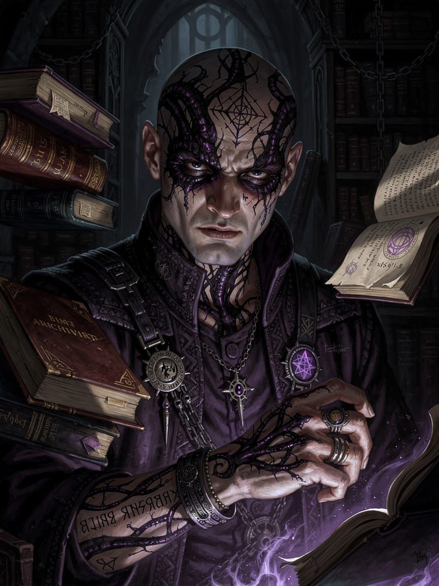 Wizard Archivist with Floating Tomes in Dark Fantasy Style