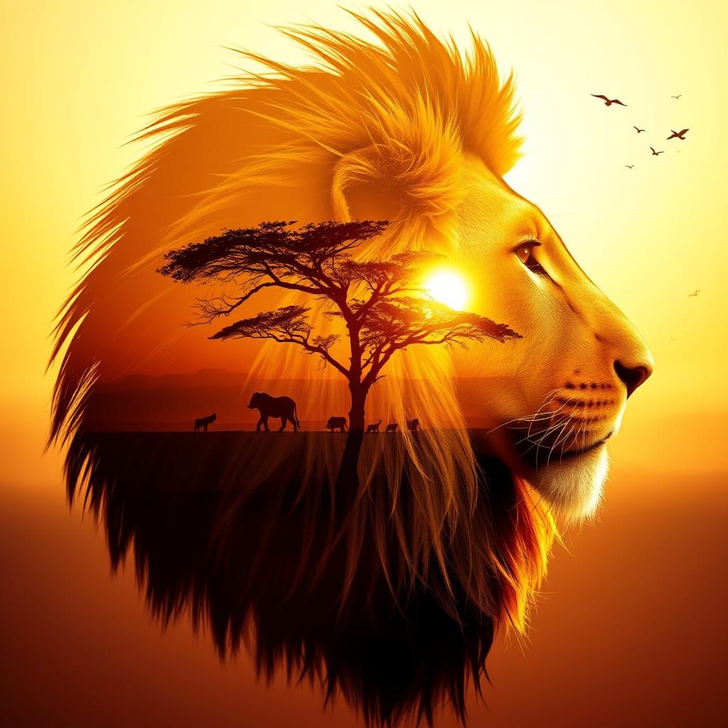 Lion's Profile Merged with Savanna Sunset