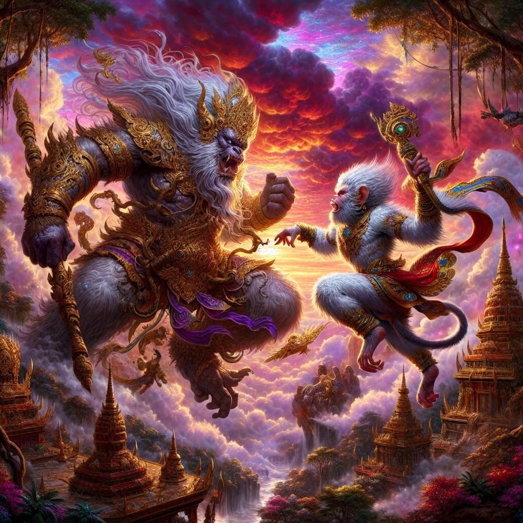 Epic Battle: Giant vs. Monkey Deity in Jungle