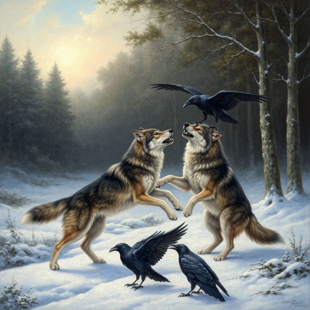 Wolves and Ravens in Snowy Landscape Oil Painting