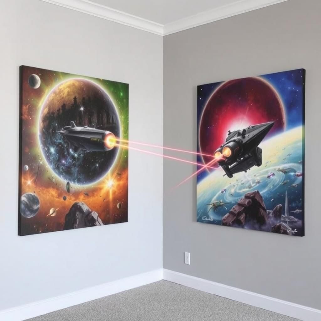 Spaceships Emerge from Paintings in Laser Battle