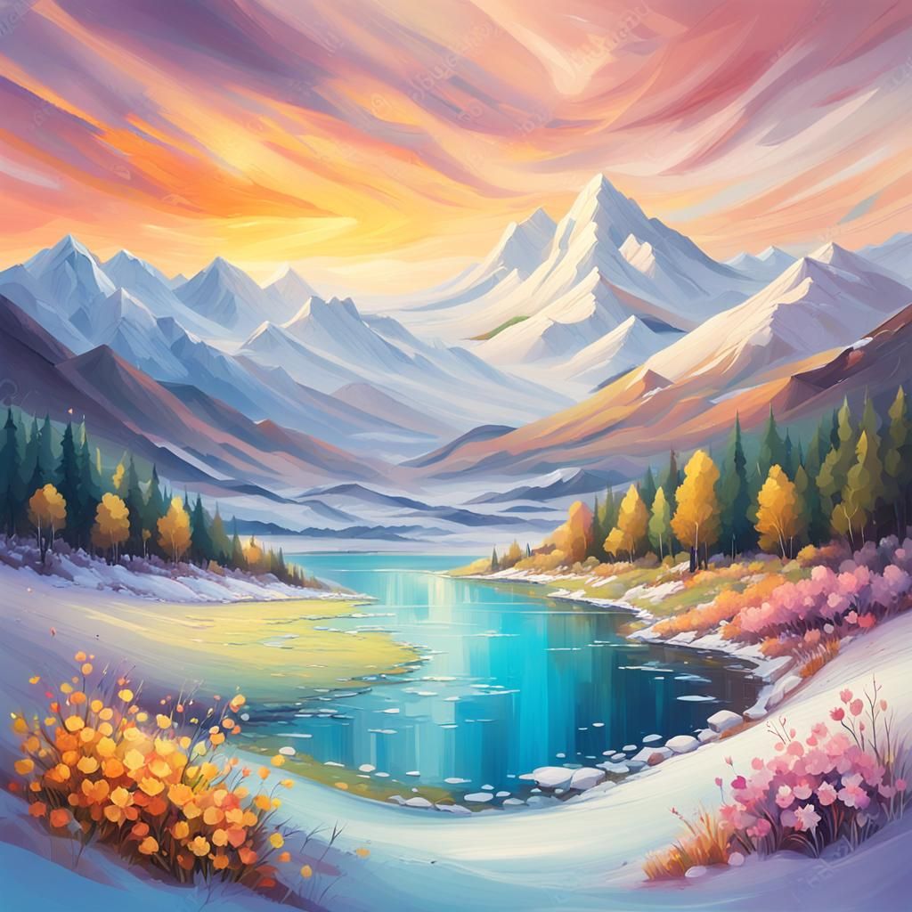 A world where seasons blend, with half a landscape in spring and the other in winter.