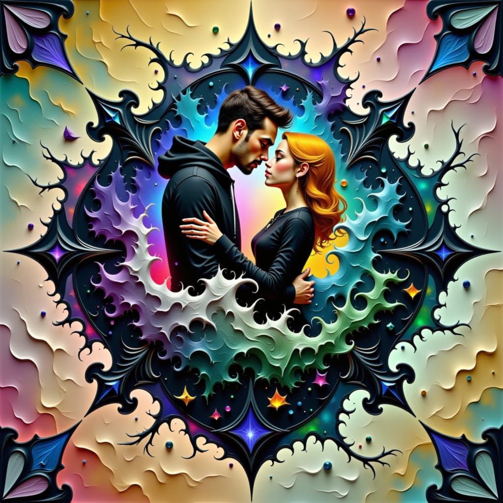 Couple Embracing Amidst Elemental Chaos