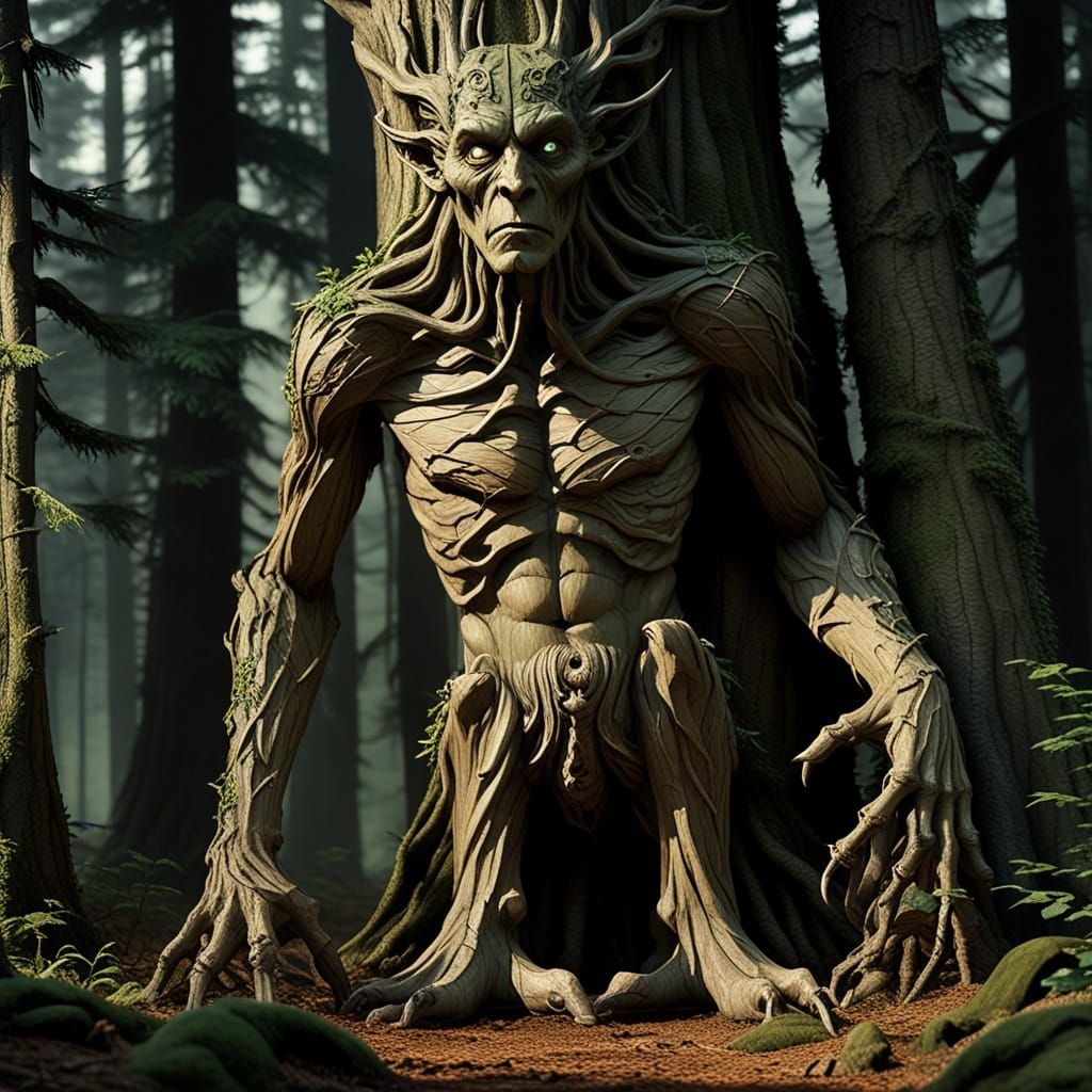 Wooden Tree Spirit Emerges from Ancient Trunk