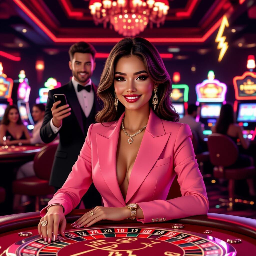 Glamorous Casino Dealer in Neon-Lit Casino