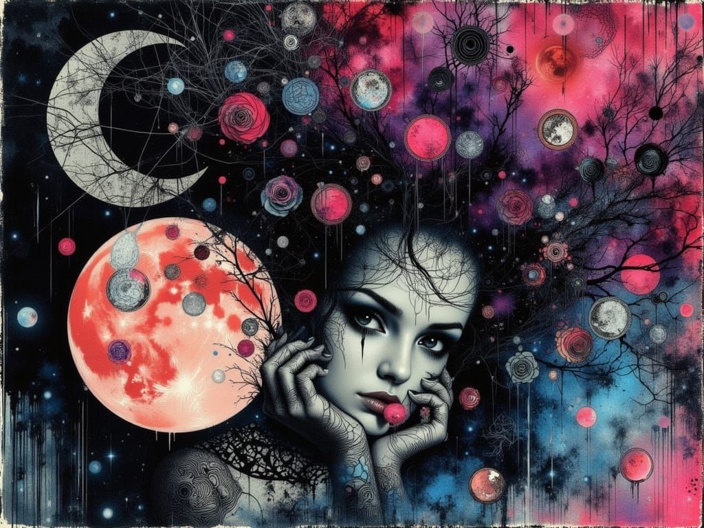 Surreal Goth Woman with Abstract Ink Drips