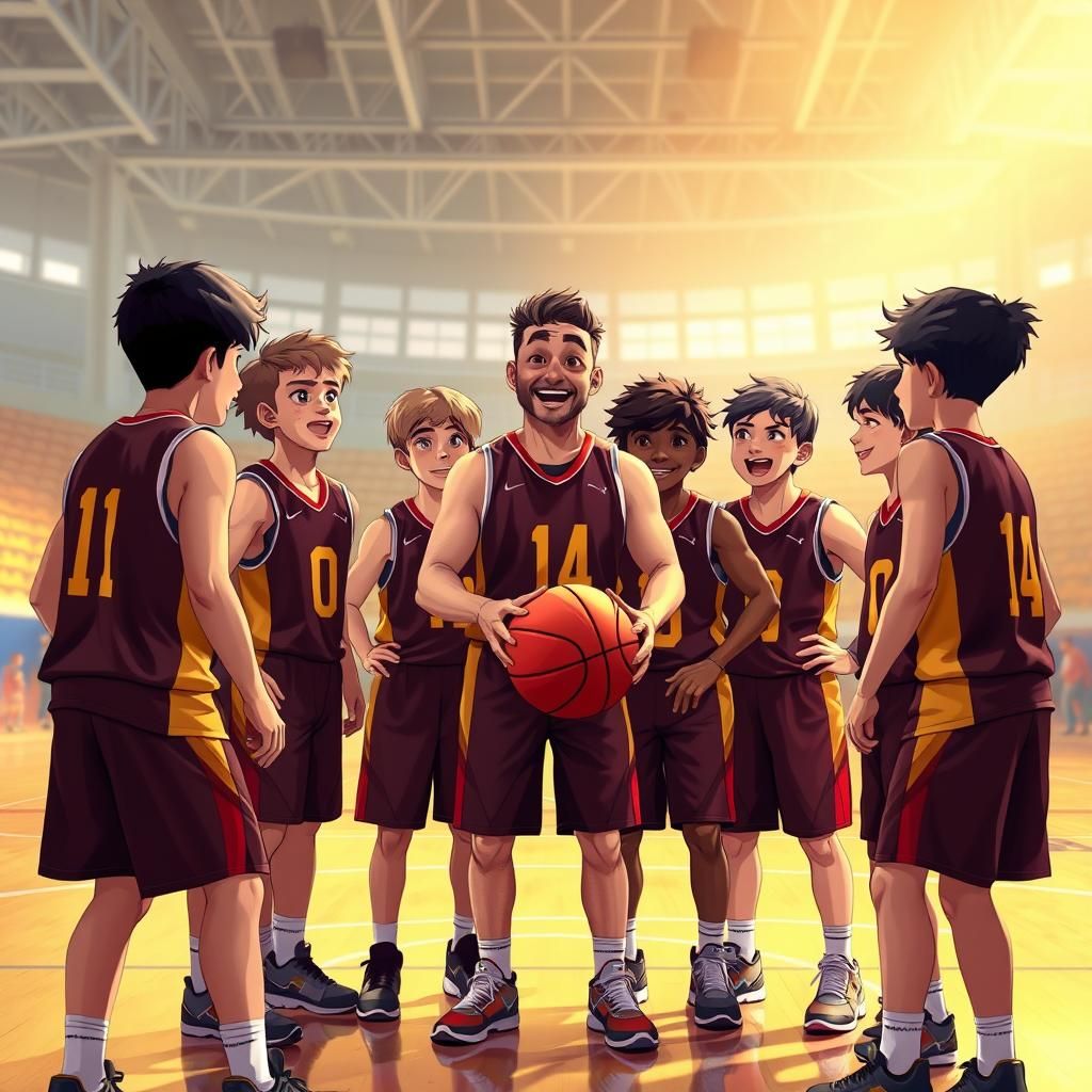 Young Basketball Team Training in Anime Style