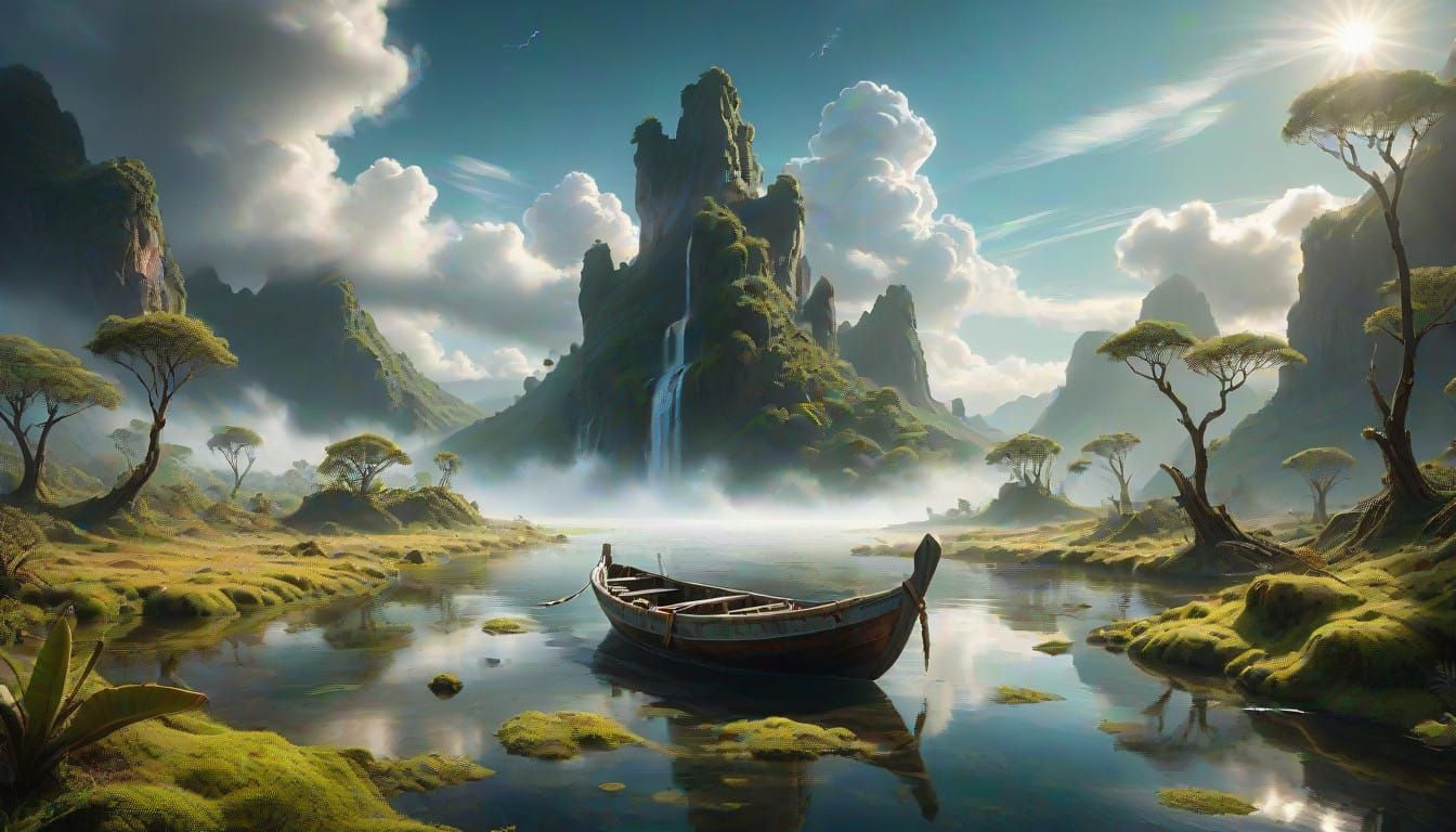 Ancient Marble Hand Emerges from Celestial Landscape