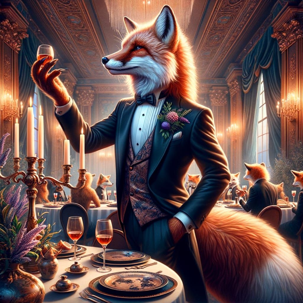 Anthropomorphic Fox in Tuxedo at Fantasy Dinner Party
