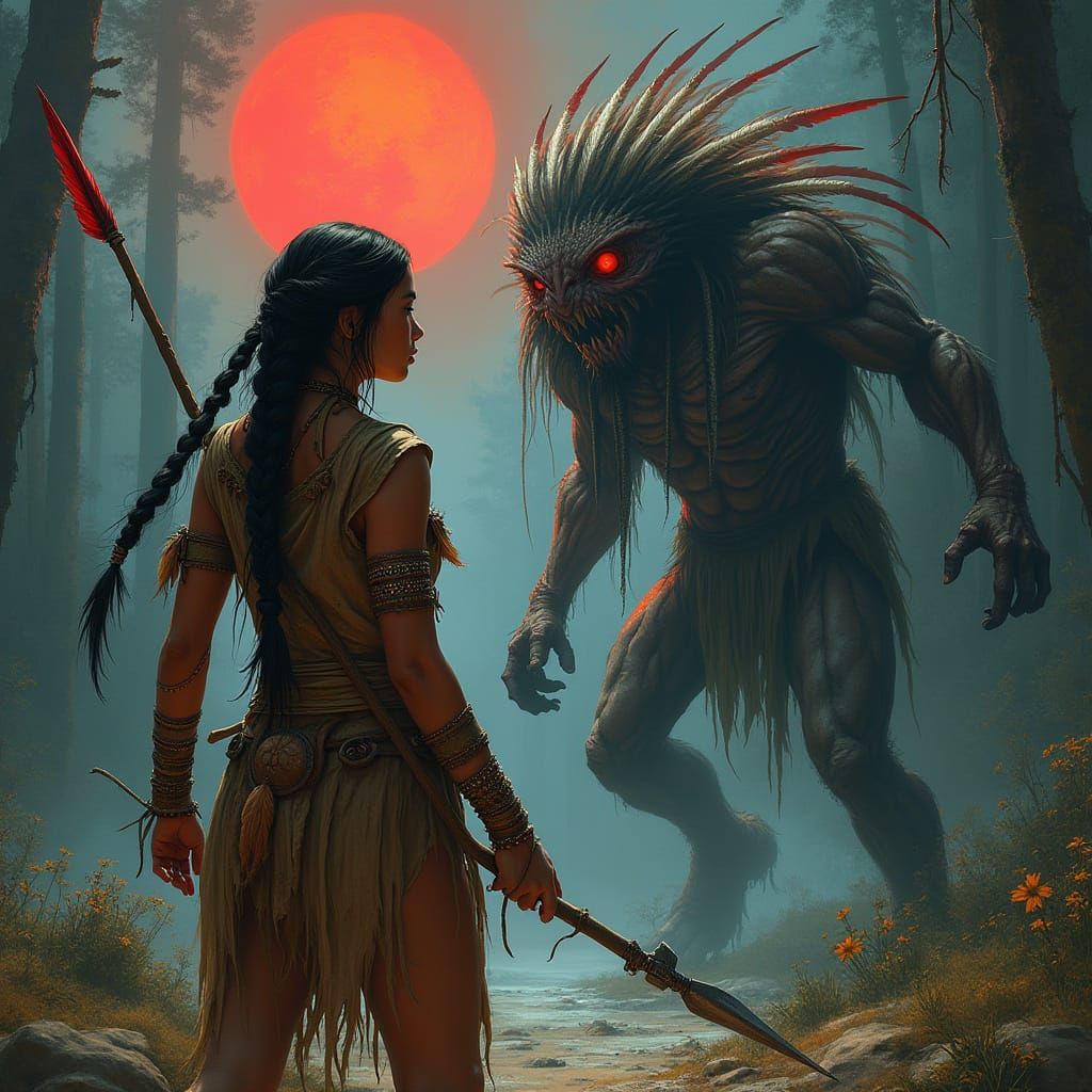 Native American Warrior Confronts a Dark Fantasy Skinwalker
