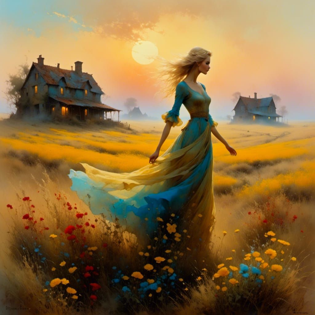 Cottagecore Girl Dancing in Misty Flower Field