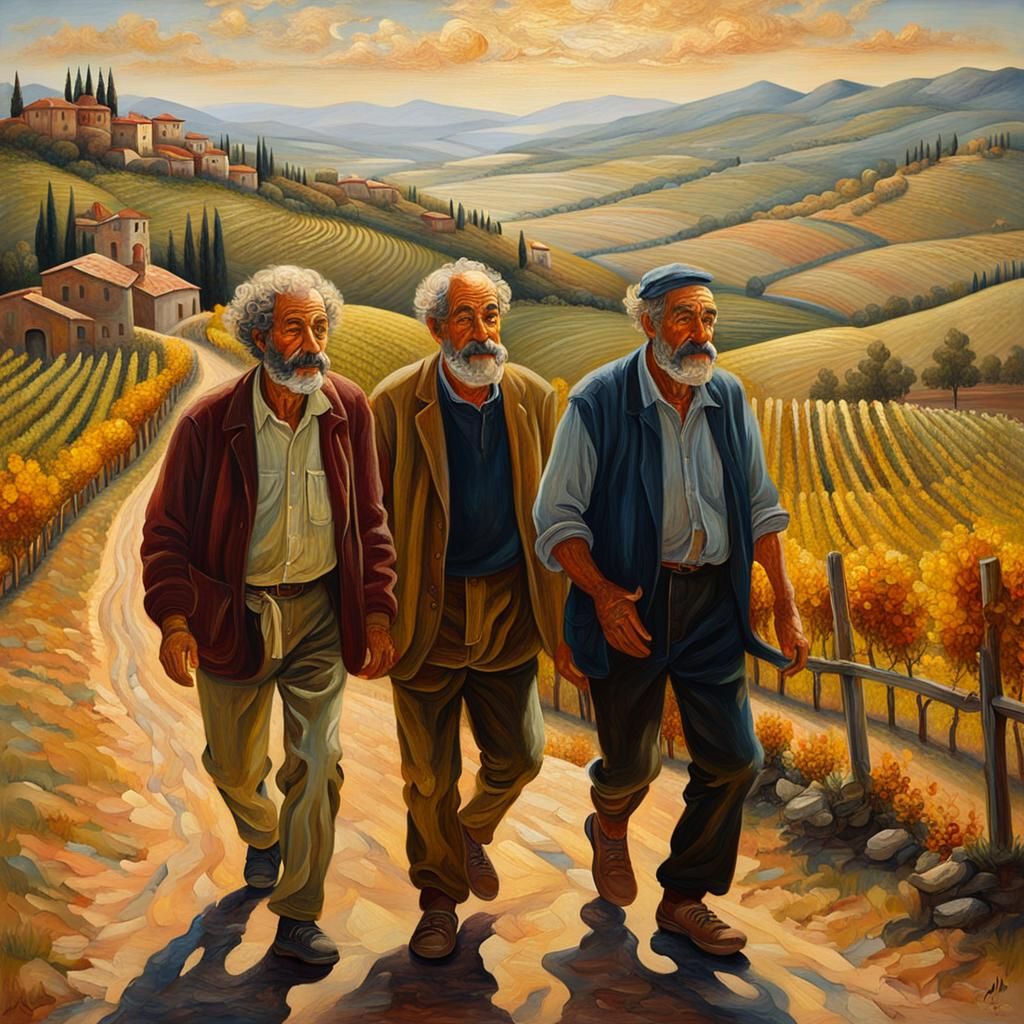 Italian Men Stroll Through Vineyards as Oil Painting