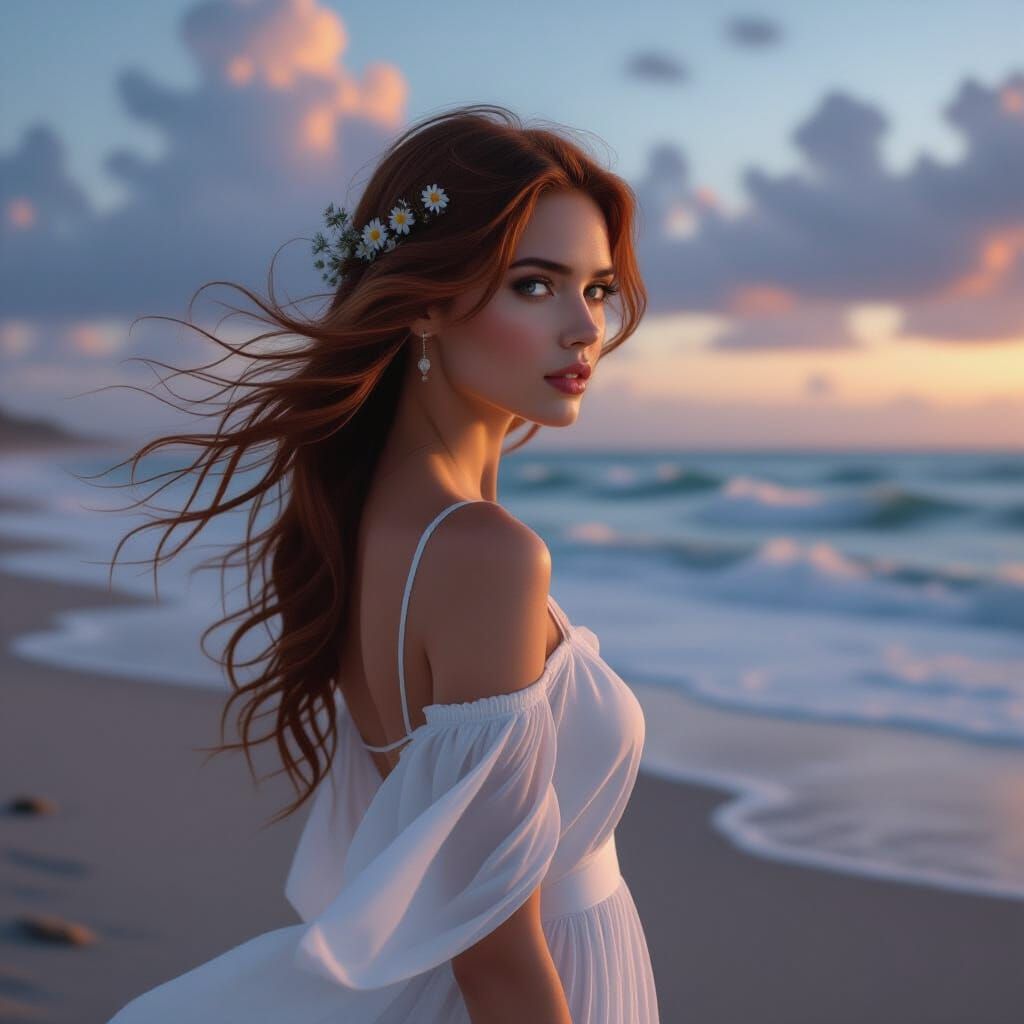 Auburn Haired Woman on Windswept Beach at Twilight