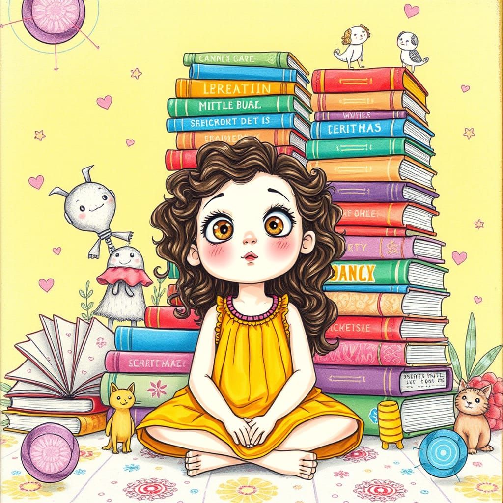 Girl Surrounded by Books in Whimsical Illustration Style