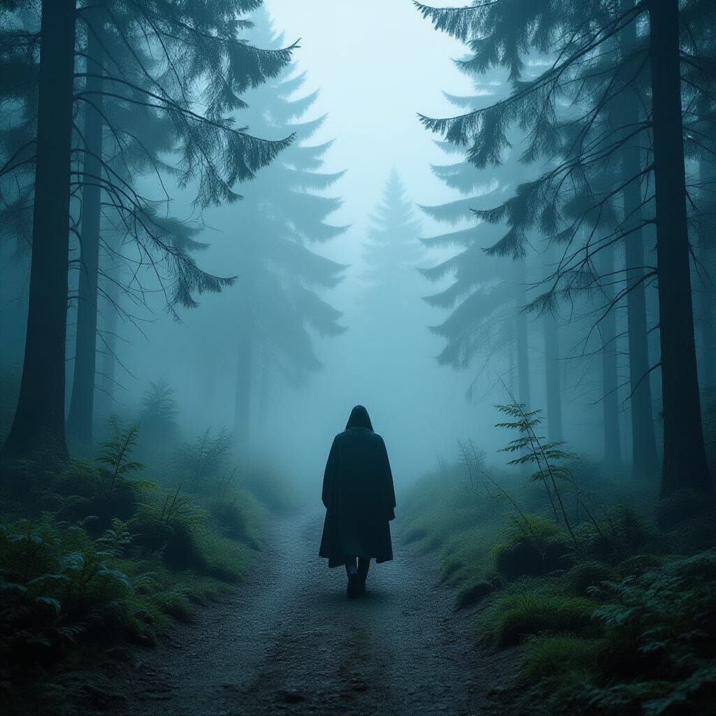 Mysterious Traveler in Foggy Ancient Forest