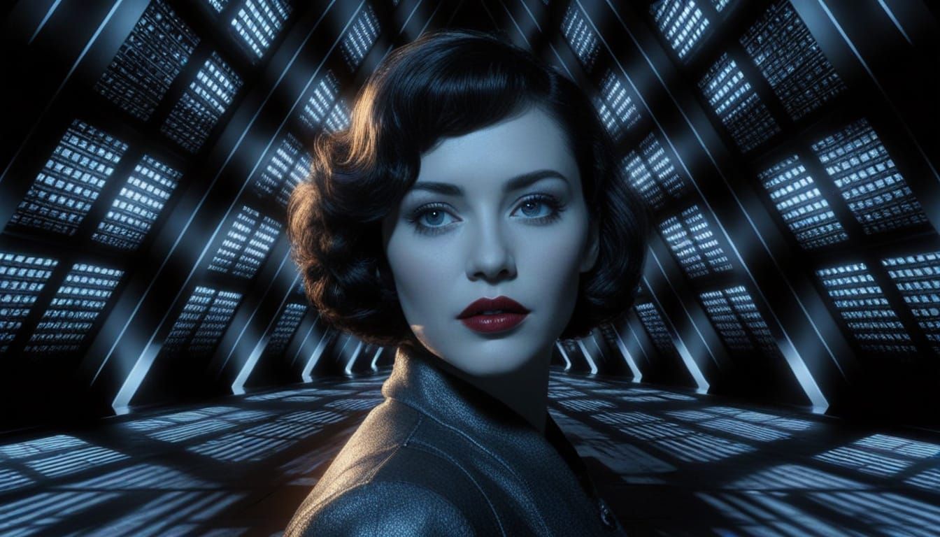 Photorealistic Rachael in Futuristic Pyramid Hall