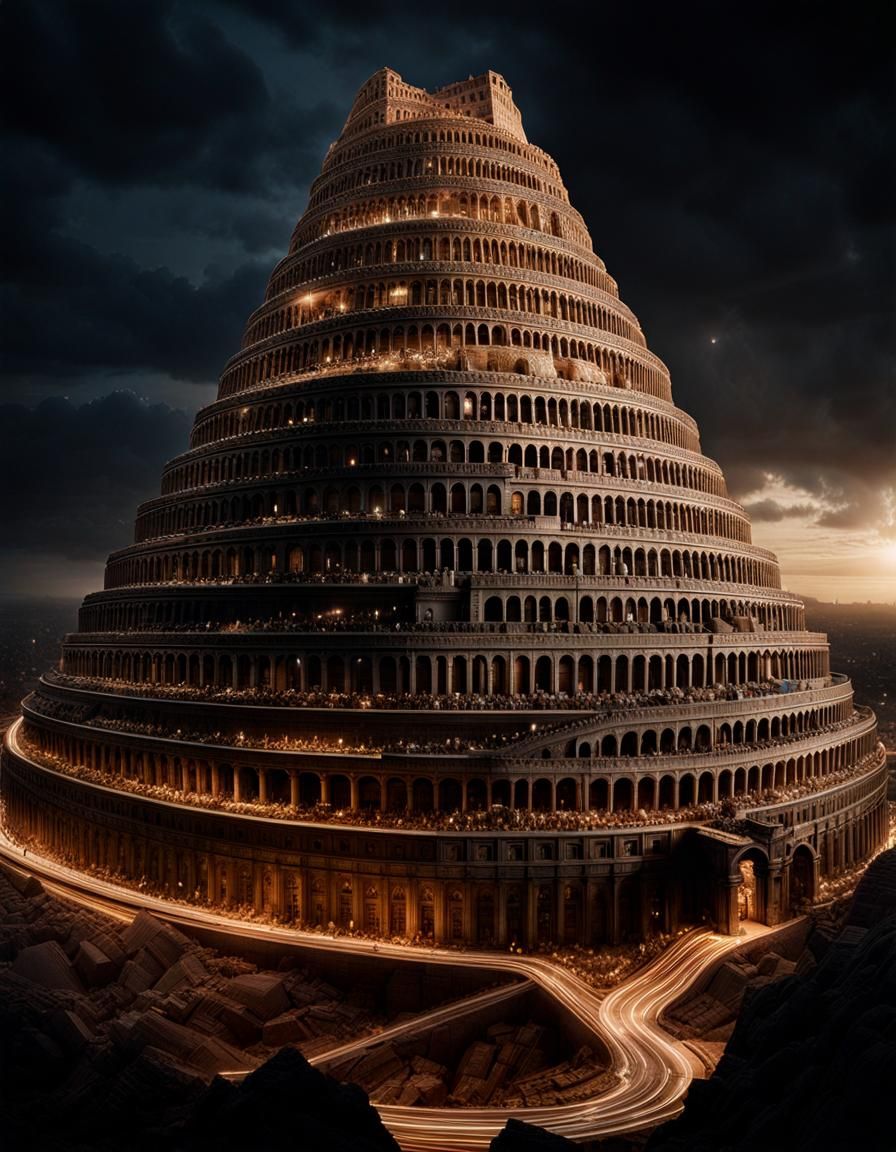 Detailed Tower of Babel in Hyperrealistic Style
