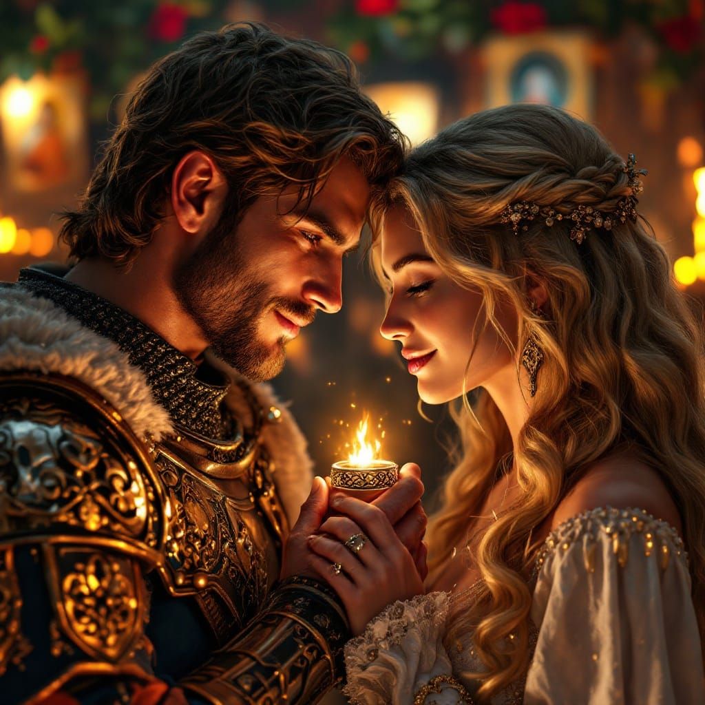 Medieval Knight's Tender Moment by the Firepit