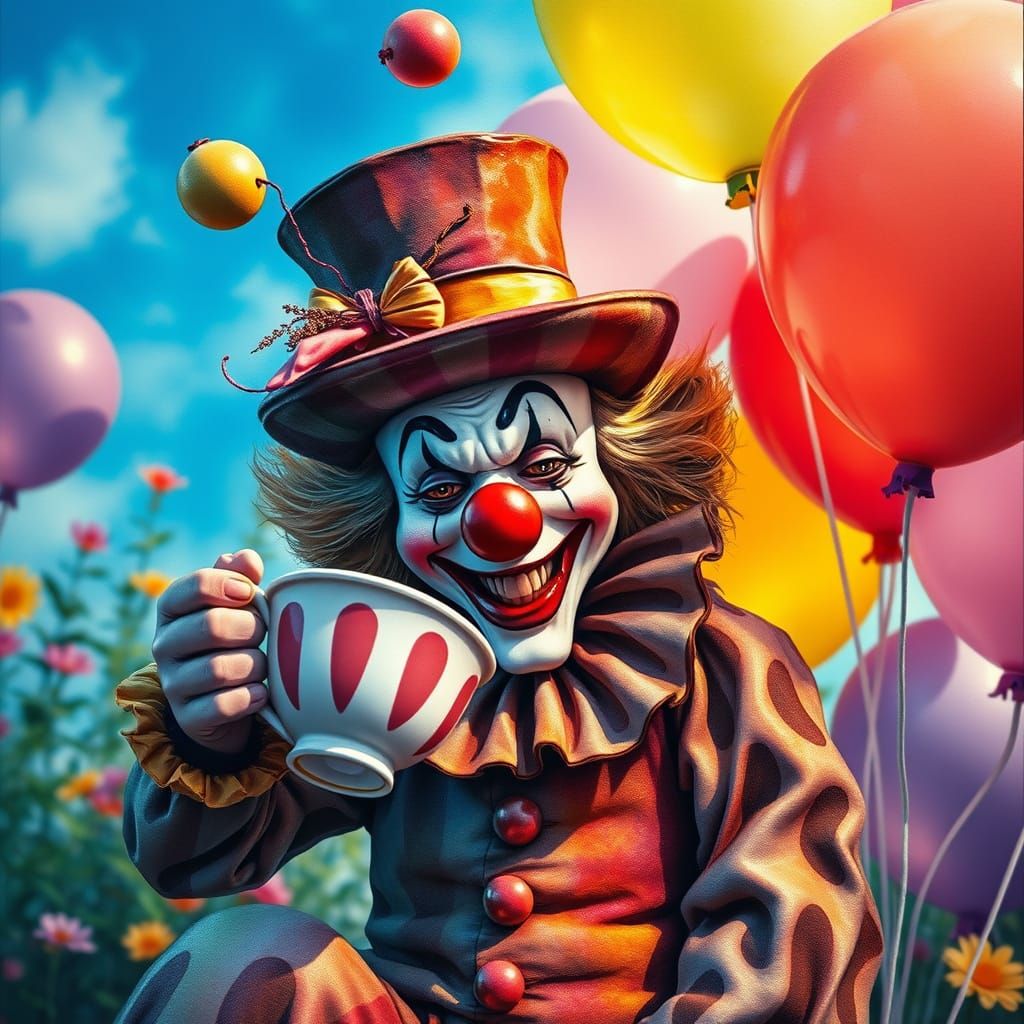 Whimsical Clown Surrounded by Balloons in a Vibrant Watercol...