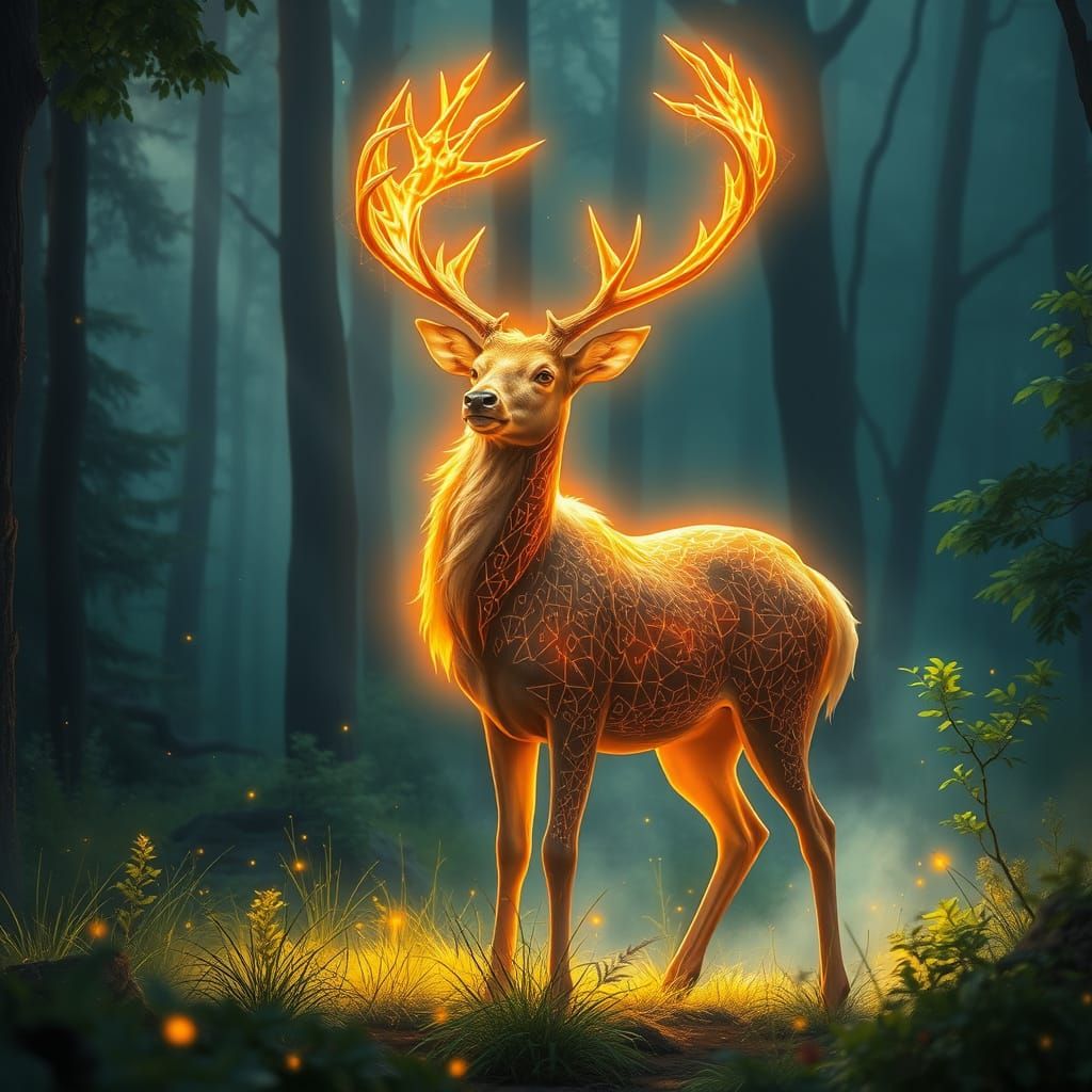 Mythical Shining Deer in Lush Forest