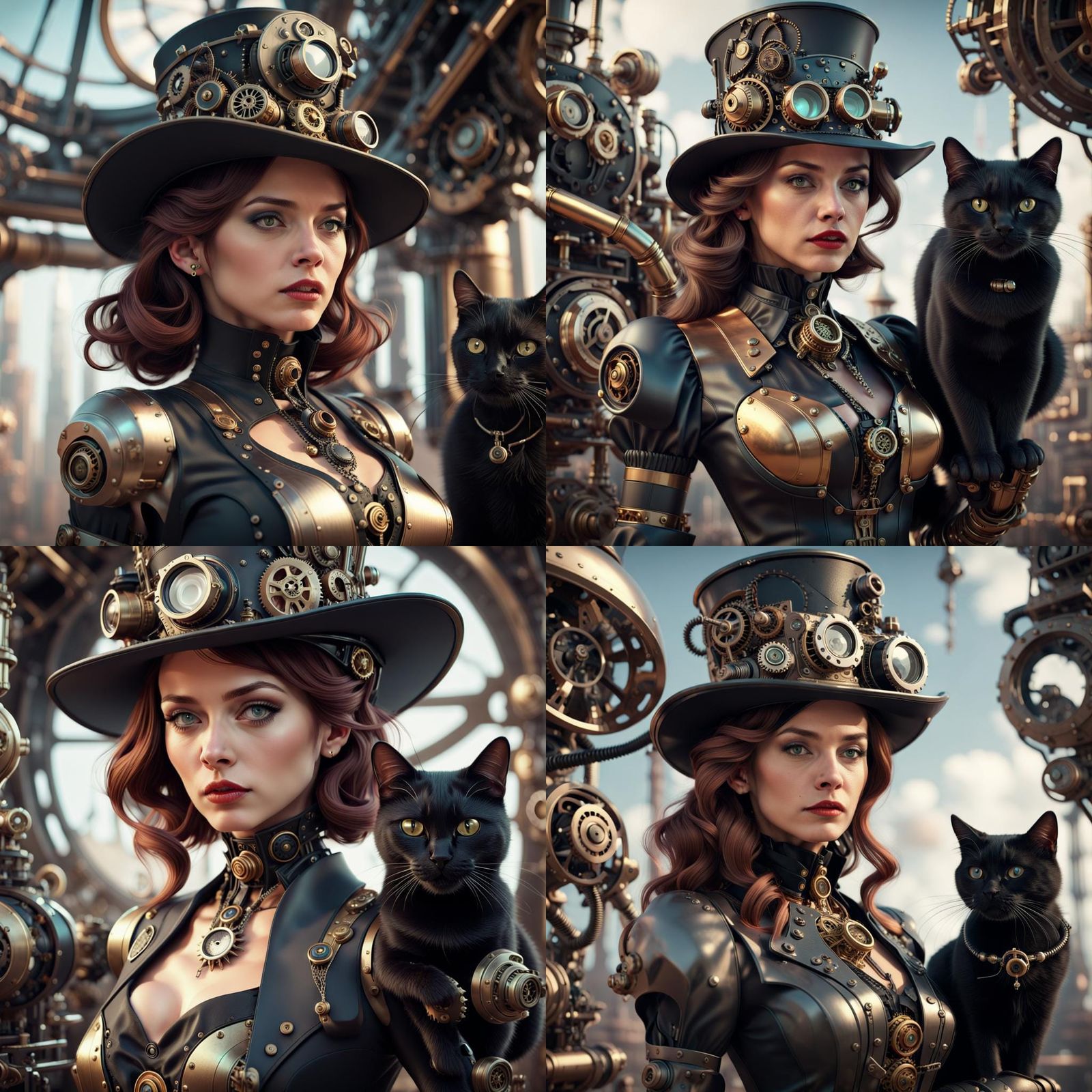 Steampunk Woman with Black Cat in Retro Style