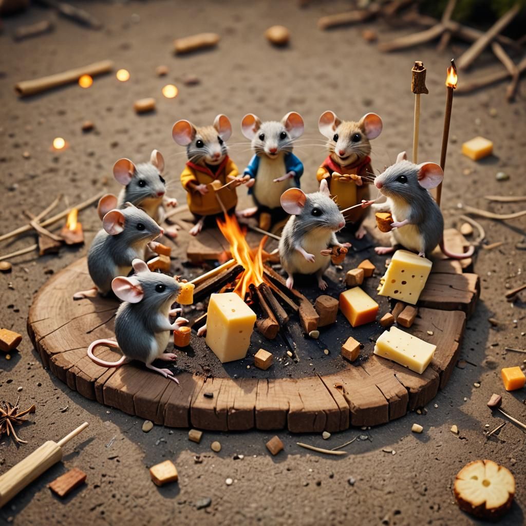 Mice Campfire on Mousetrap in Pixar Style