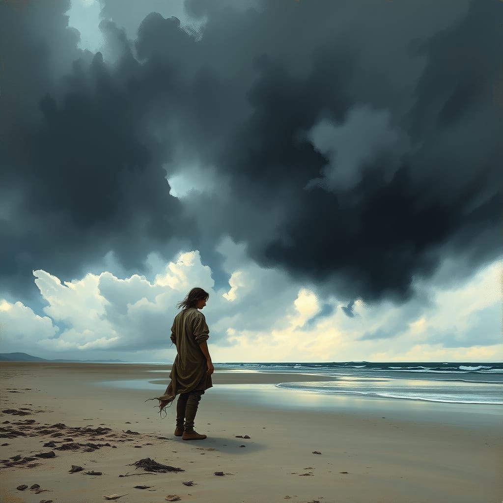Stormy Beach Silhouette: Romantic Dystopian Landscape