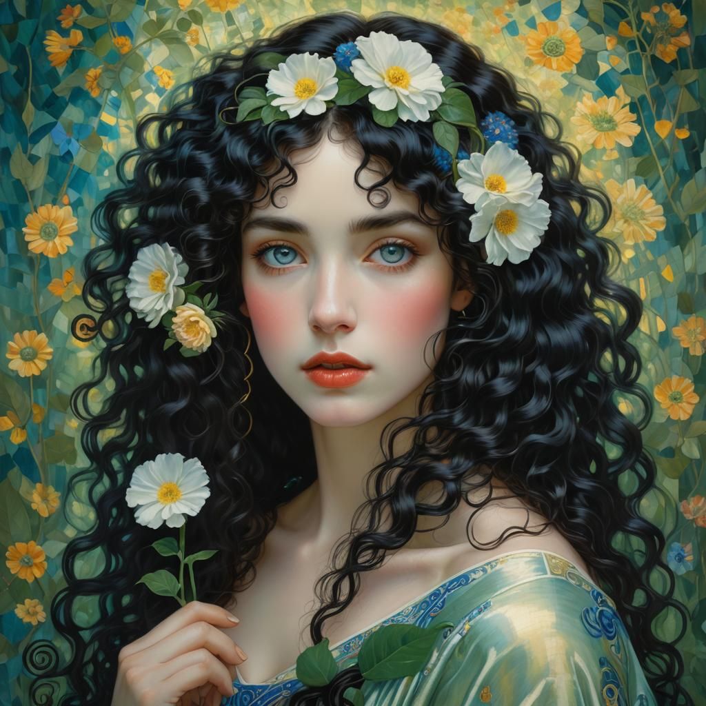 Young Woman with Flower in Klimt Style