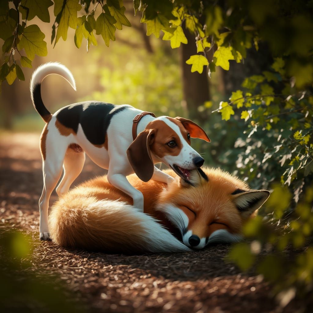 Whimsical Hound Dog and Fox in Woodland Scene