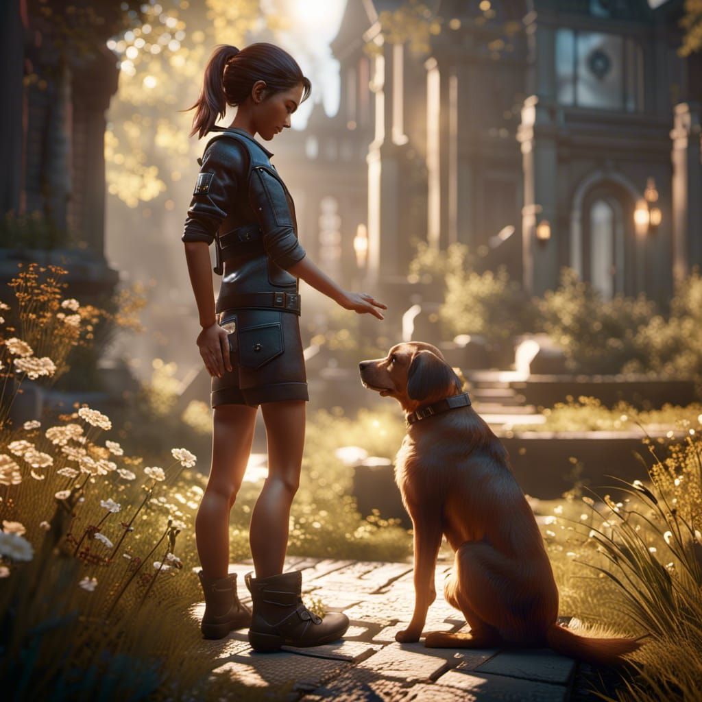 Girl and Dog: 3D Game Cinematic Scene